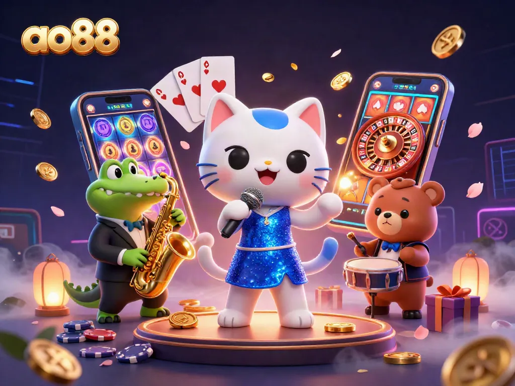 Spin the reels at ao88 with vibrant characters and exciting casino elements surrounding them.
