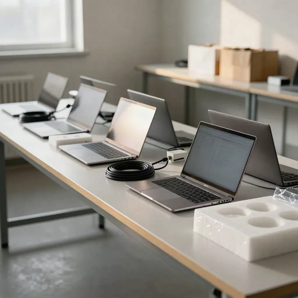 Provisionsbench mit neuen Laptops, Netzteilen und Kabeln im hellen Fensterlicht.