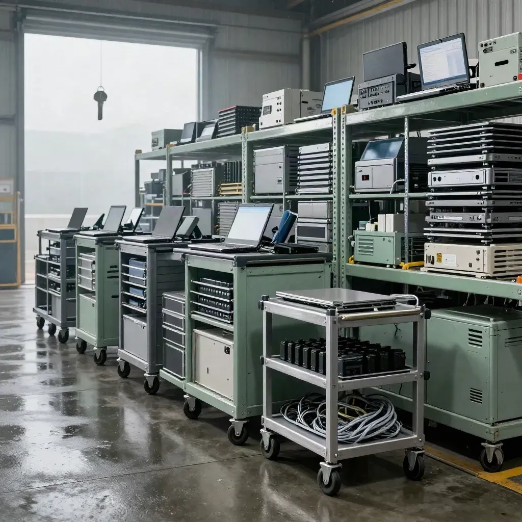 Gelistetes Geräte-Depot mit Laptops, Tablets, Servicewagen und nassem Beton im Morgenlicht.