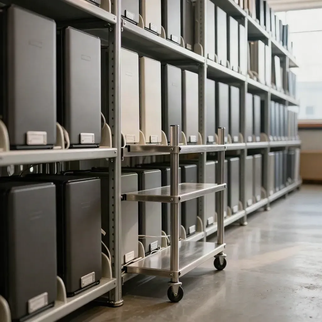 Inventarregal mit Laptops und Gerätekoffern in einem hellen Lagergang