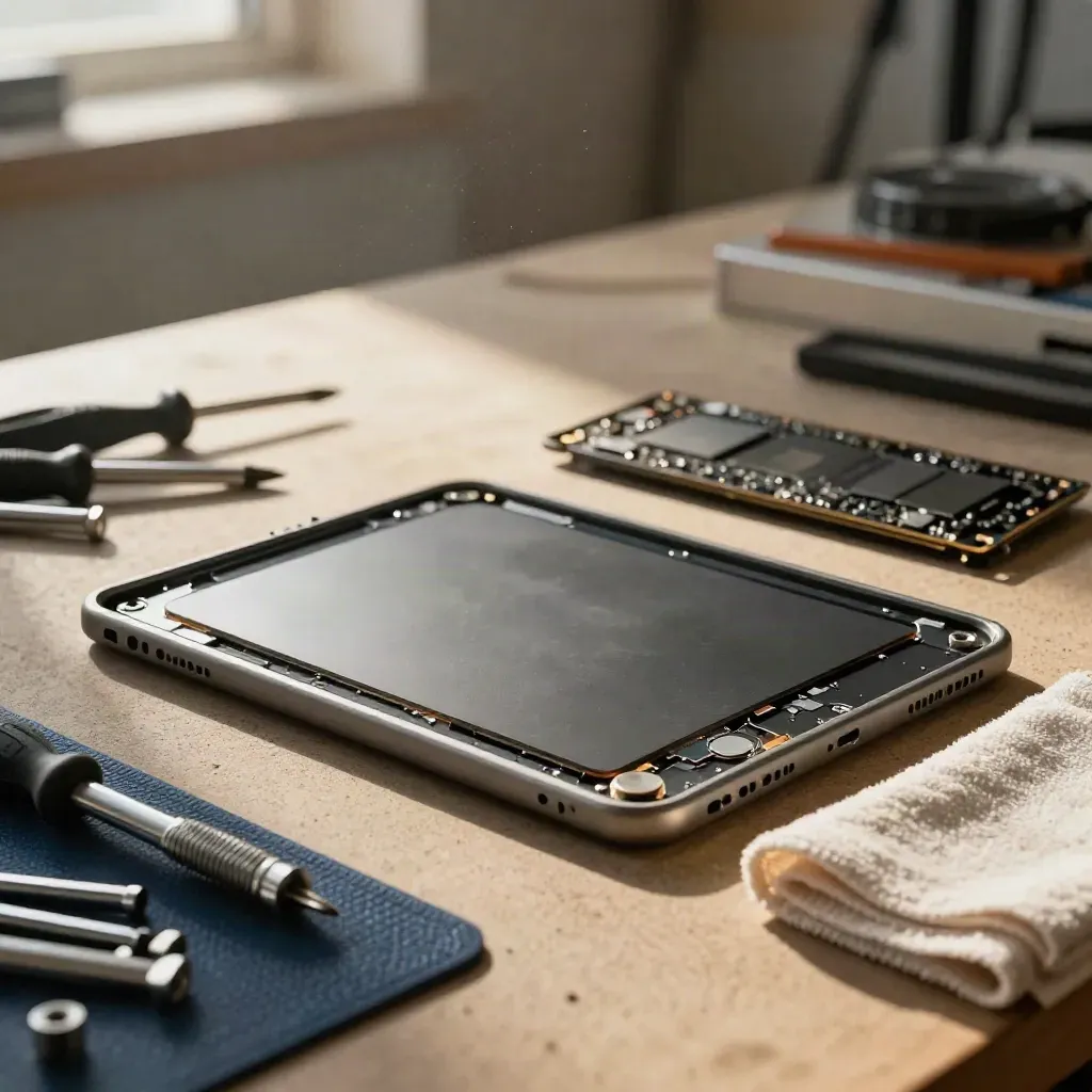 Offene Reparaturstation mit Tablet-Scherben, SSD-Tray und Schraubendrehern im Licht.