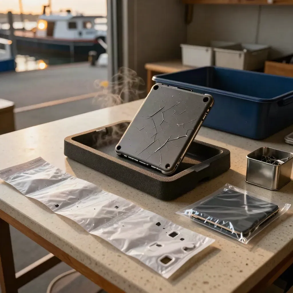Defektes Tablet wird in die Rücklaufwanne gelegt, neben Ersatzgerät und Verpackungsmaterial.
