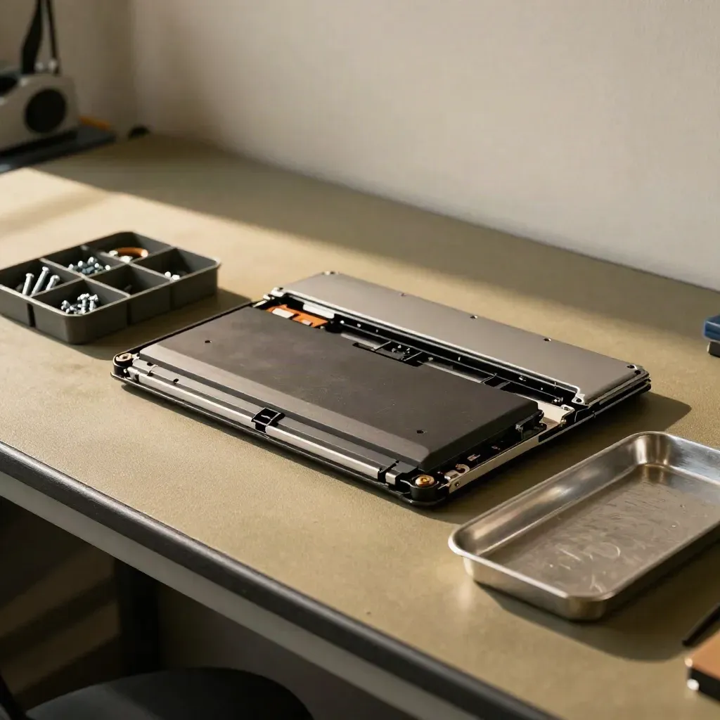 Offenes Laptop auf Reparaturbank mit Ersatzakku, Teilebox und Lichtstreifen.