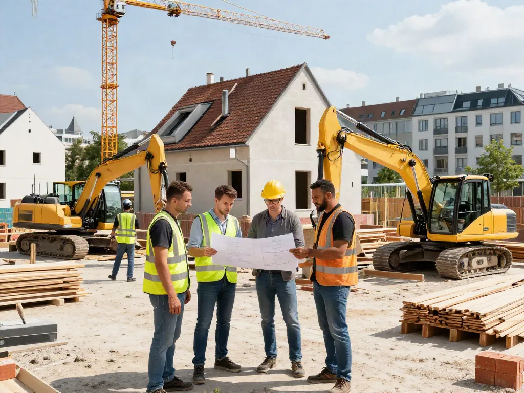 Hausbau Wien: Teams besprechen Pläne auf einer Baustelle in Wien mit modernen Maschinen und Materialien.