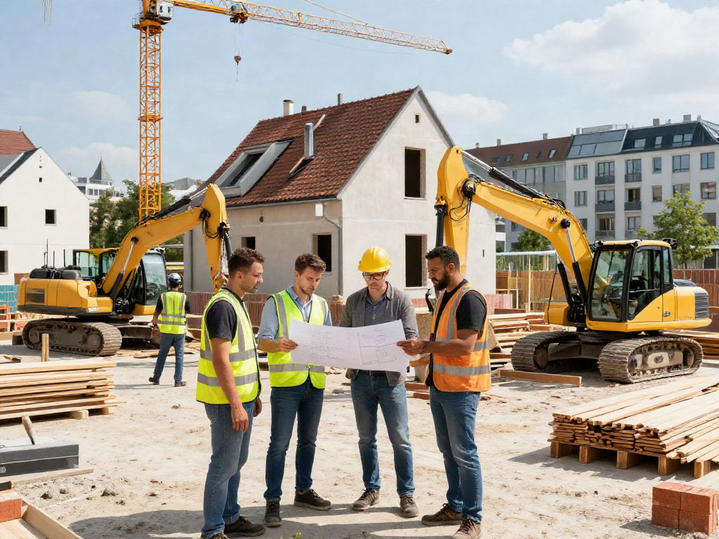 Hausbau Wien: Teams besprechen Pläne auf einer Baustelle in Wien mit modernen Maschinen und Materialien.