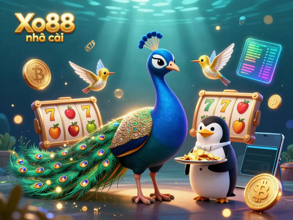 Xo88 nhà cái showcases an exciting 3D casino illustration featuring vibrant characters, slot game symbols, and glowing cryptocurrency elements.