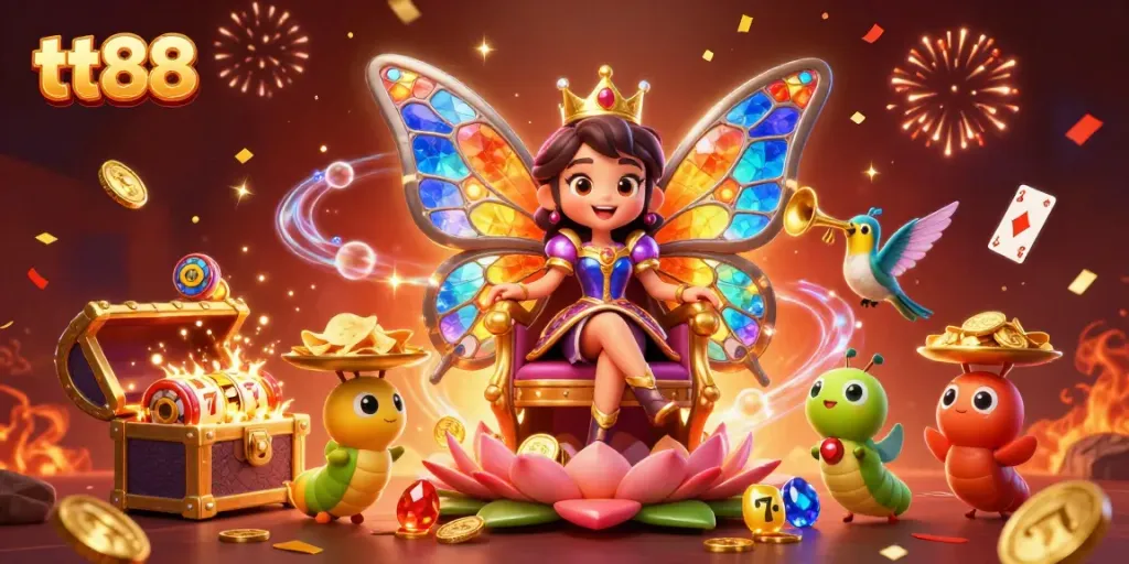 Engage with tt88's vibrant casino world featuring a colorful butterfly queen and dynamic slot elements.