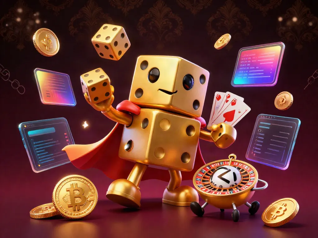 Engage with Debet's dynamic gaming world featuring a golden dice golem, cryptocurrency coins, and vibrant energy.