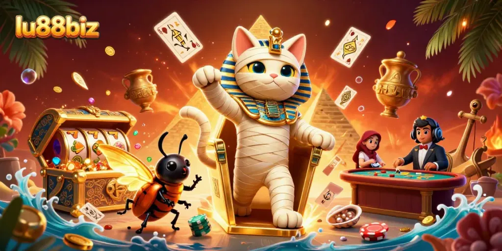 Experience vibrant gaming action with lu88biz’s Egyptian-themed online casino illustration featuring dynamic characters.
