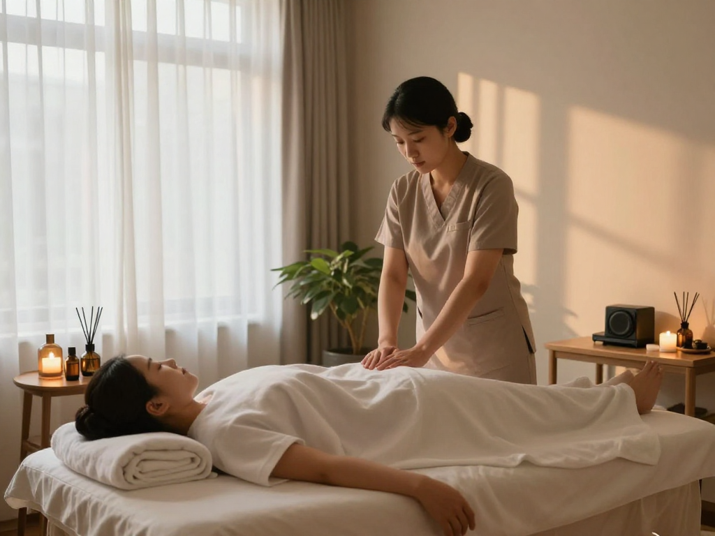Experience high-quality 마포출장마사지 in a serene massage therapy room with calming lights and essential oils.