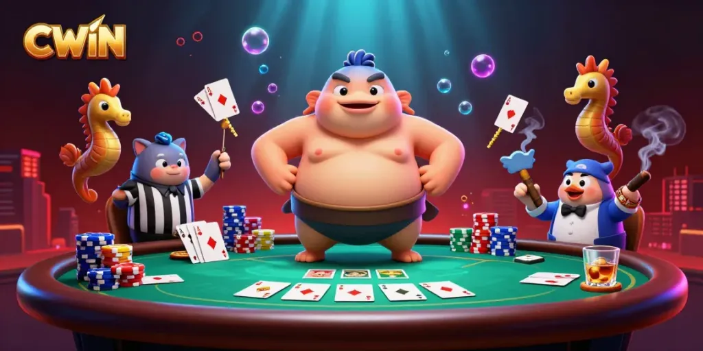 Experience the excitement of CWIN with a whimsical underwater casino scene featuring a fugu and seahorses amidst vibrant poker elements.