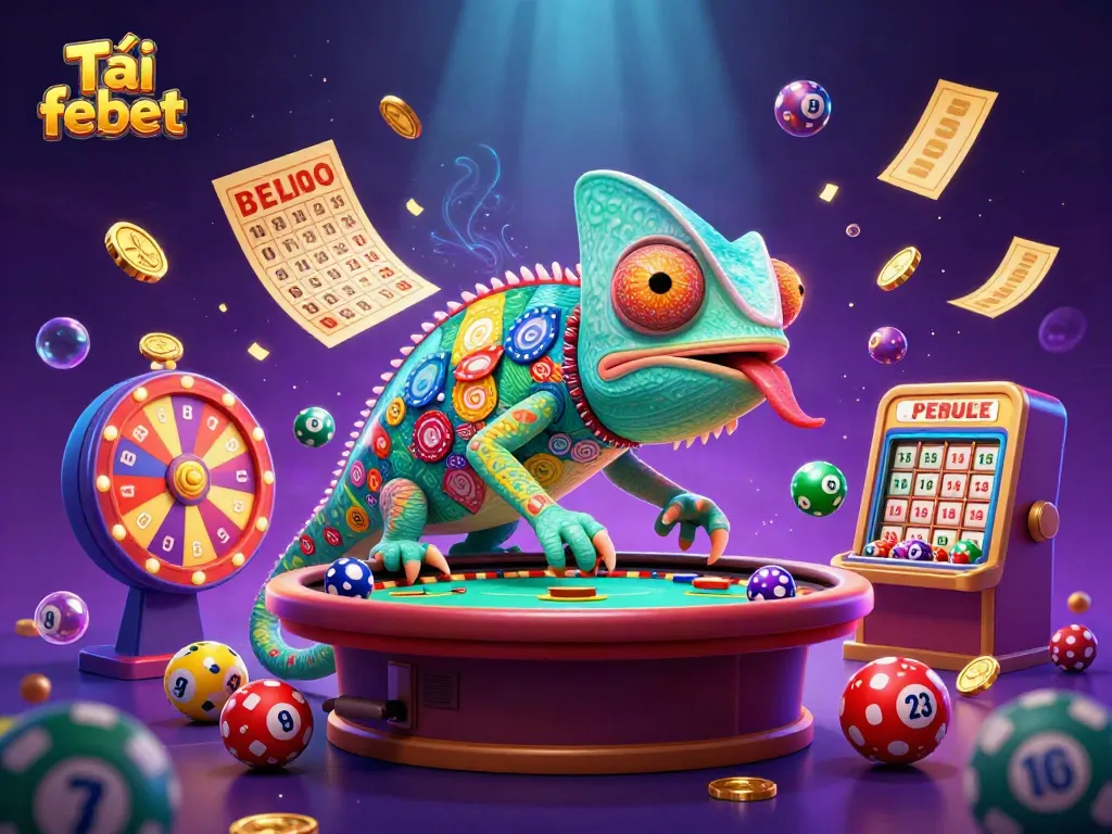 Tải febet with vibrant casino scene featuring a colorful chameleon and lottery elements.