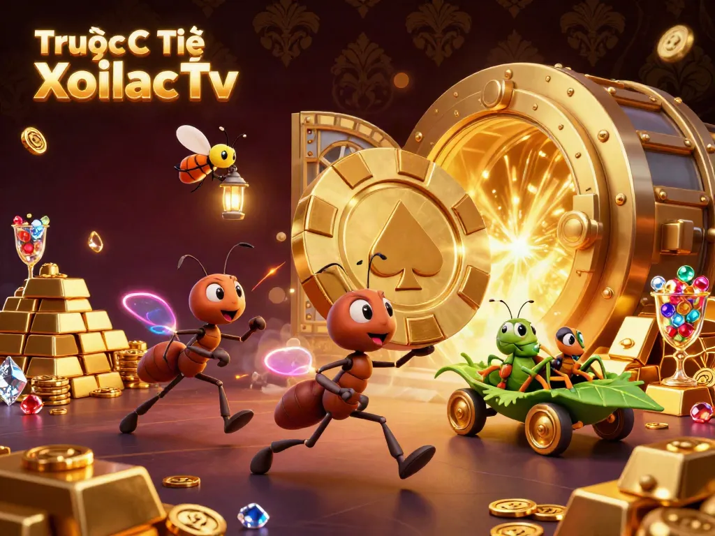Engage with Trực Tiếp XoilacTv in this vibrant, cartoon-style illustration showcasing ants on a casino heist.