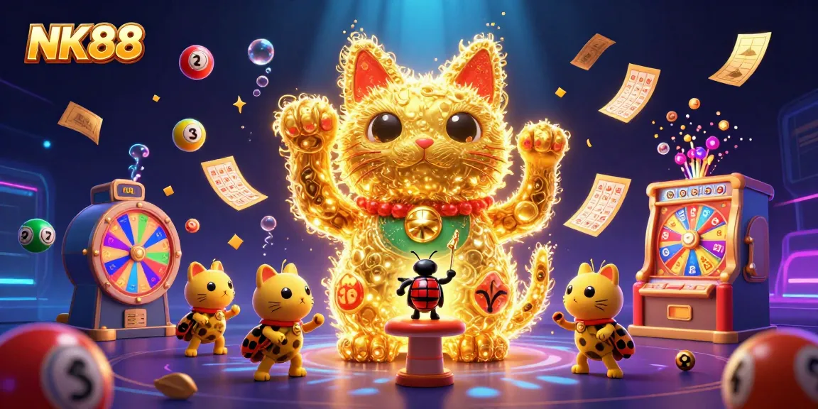 Engage with NK88's thrilling lottery scene featuring vibrant elements and a lucky cat.