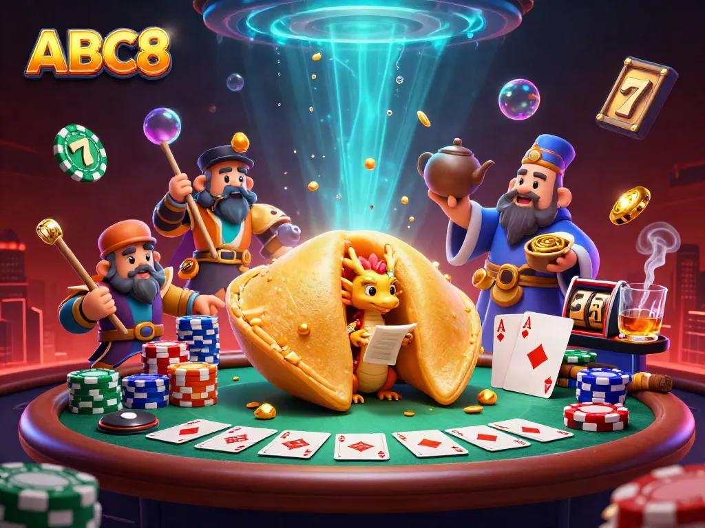 ABC8 online casino illustration featuring dragons, golden cookies, and poker elements amidst vibrant visuals.