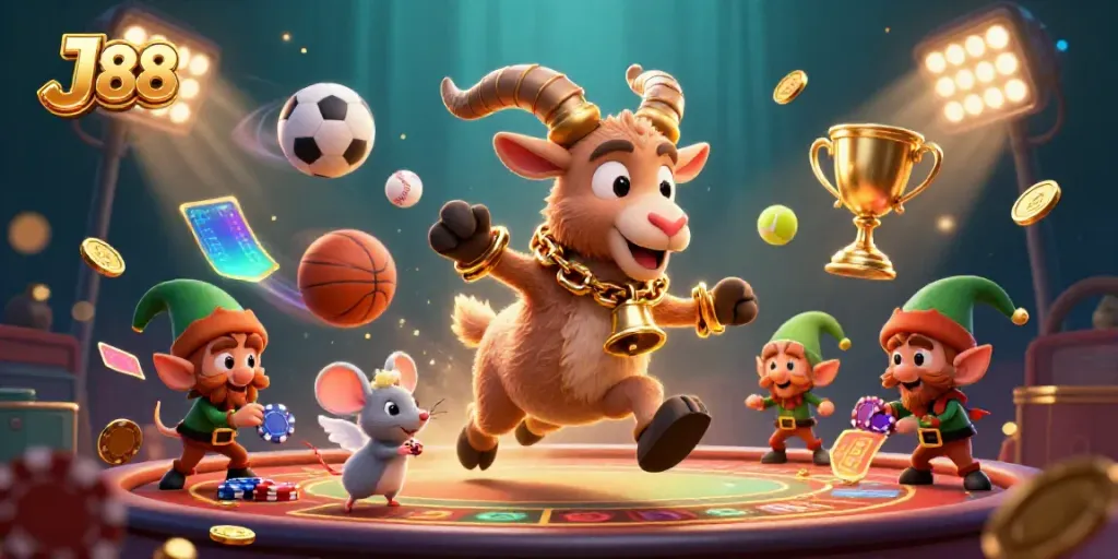 Experience thrilling moments with J 88 in a vibrant casino scene featuring festive characters and dynamic game elements.