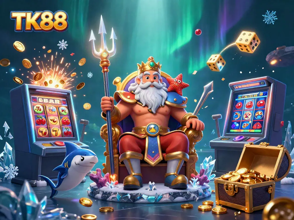 TK88 jackpot celebration scene with Neptune and characters amid vibrant casino symbols and treasure.