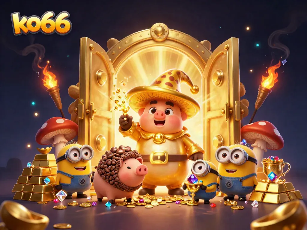 Experience the magic of ko66 with a golden wizard and treasure in this vibrant casino illustration.