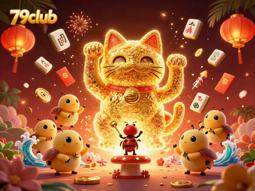 Celebtrate winning moments at 79club with a vibrant 3D lucky cat surrounded by festive elements and casino symbols.