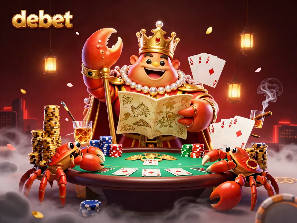 Experience thrilling gambling with debet, featuring a golden crab emperor amid vibrant poker elements.