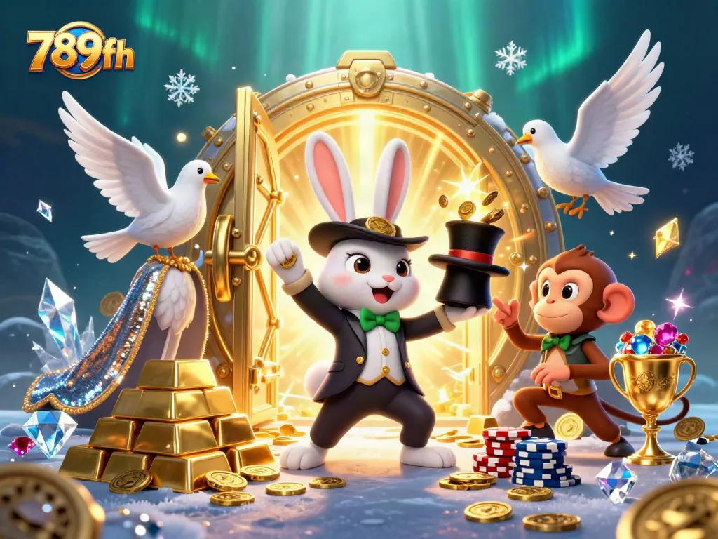 Experience the magic of 789fh with a vibrant scene of a magician, dove, and monkey amidst golden treasures.
