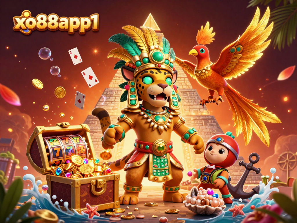 Experience xo88app1 with a vibrant 3D scene of Mayan-themed casino illustrations and treasures.
