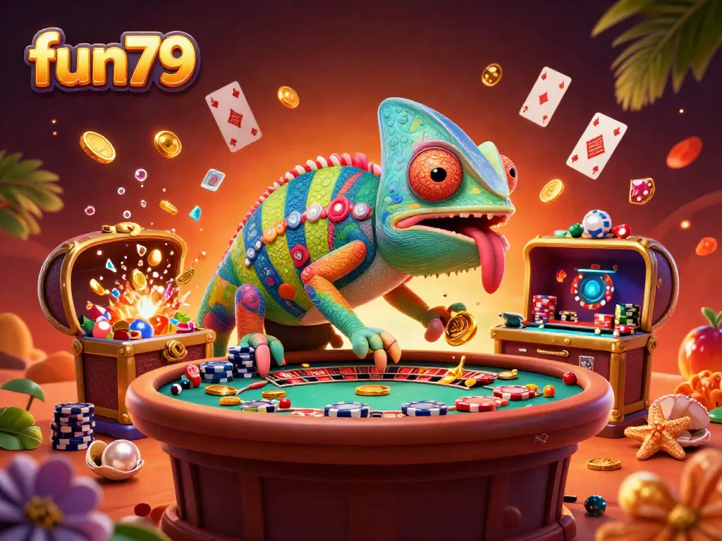 Join the fun79 casino experience with a vibrant chameleon owner and dynamic casino elements.