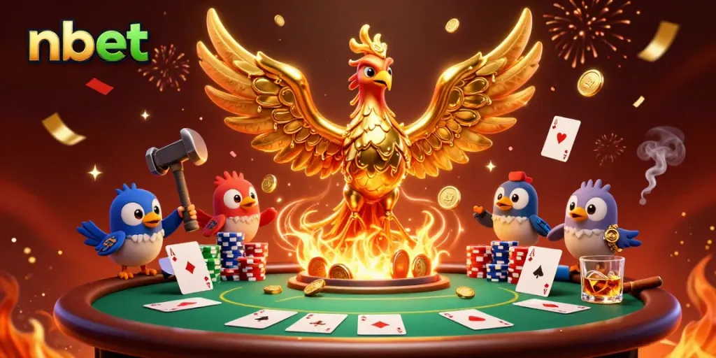 Experience thrilling moments with nbet, where a molten phoenix showers golden coins at a poker game.