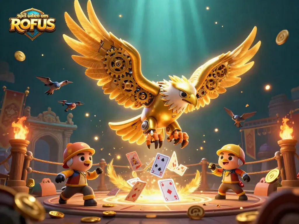 Engage in thrilling gameplay at spil uden om ROFUS with a cybernetic eagle, cards fluttering around gold coins.