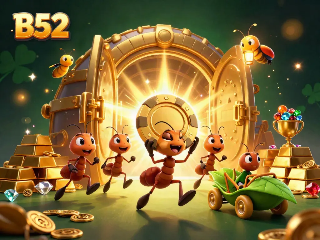 B52 game heist: cartoon ants, a firefly, and a grasshopper escaping with a giant poker chip