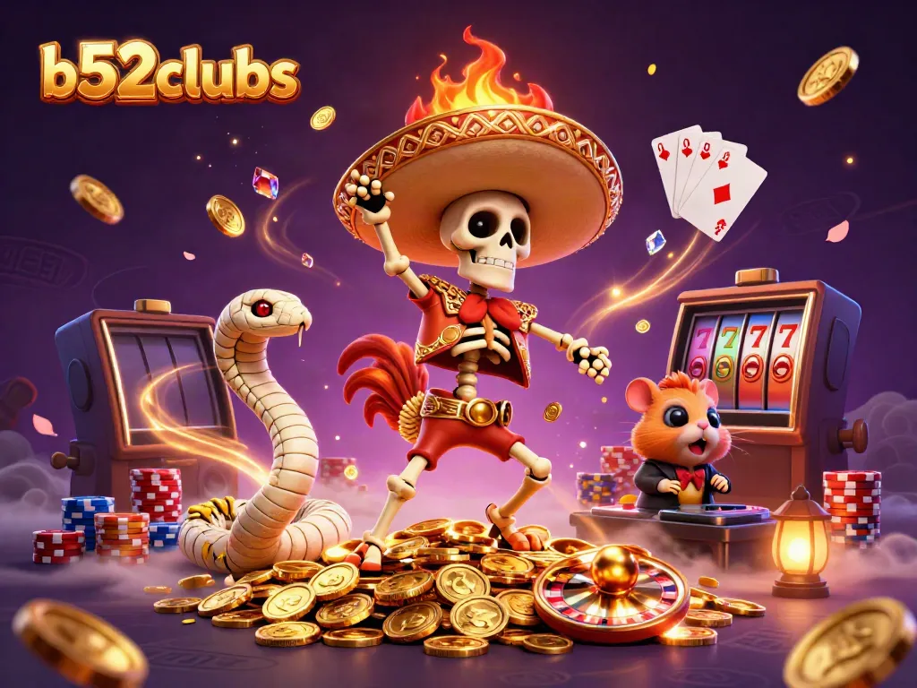 B52clubs casino characters celebrating with coins, treasures, and games in a vibrant scene