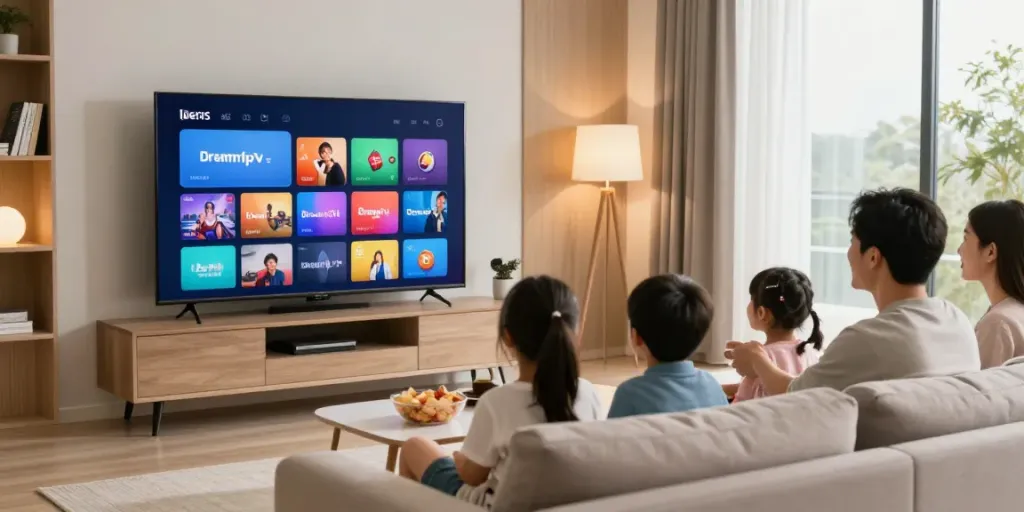 Familie genießt Dreamtv iptv im modernen Wohnzimmer mit gemütlicher Atmosphäre.