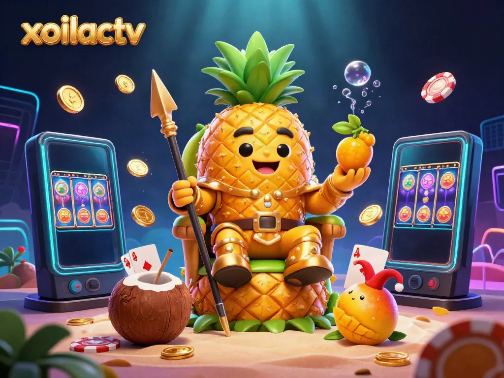 Engage with exciting gameplay at xoilactv, featuring vibrant characters and dynamic casino elements within a stunning beach scene.