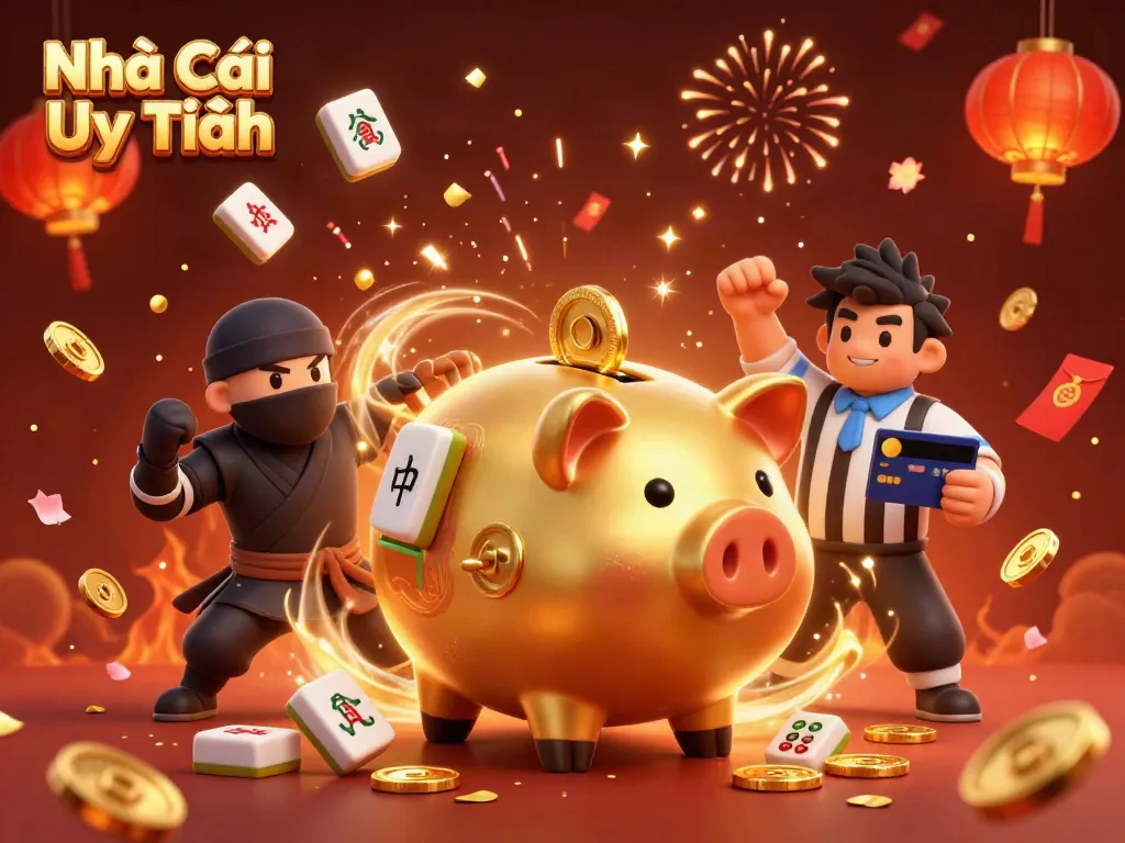 Experience the bustling atmosphere of Nhà Cái Uy Tín with a golden piggy bank sumo wrestler and colorful casino elements.