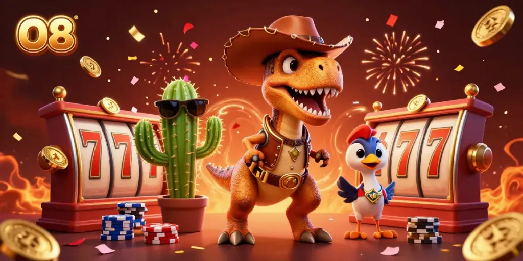 O8 features a vibrant 3D scene with a cowboy dinosaur playing slots amid gold coins, perfect for online casino promotions.