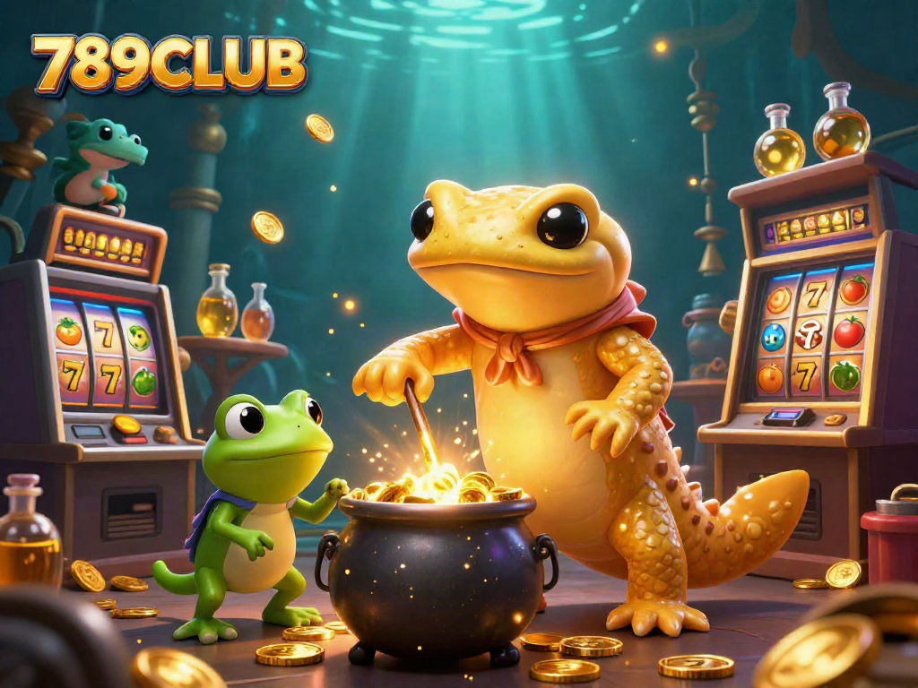 Spin and win at 789CLUB with colorful slot machines and alchemists in a magic-filled scene.