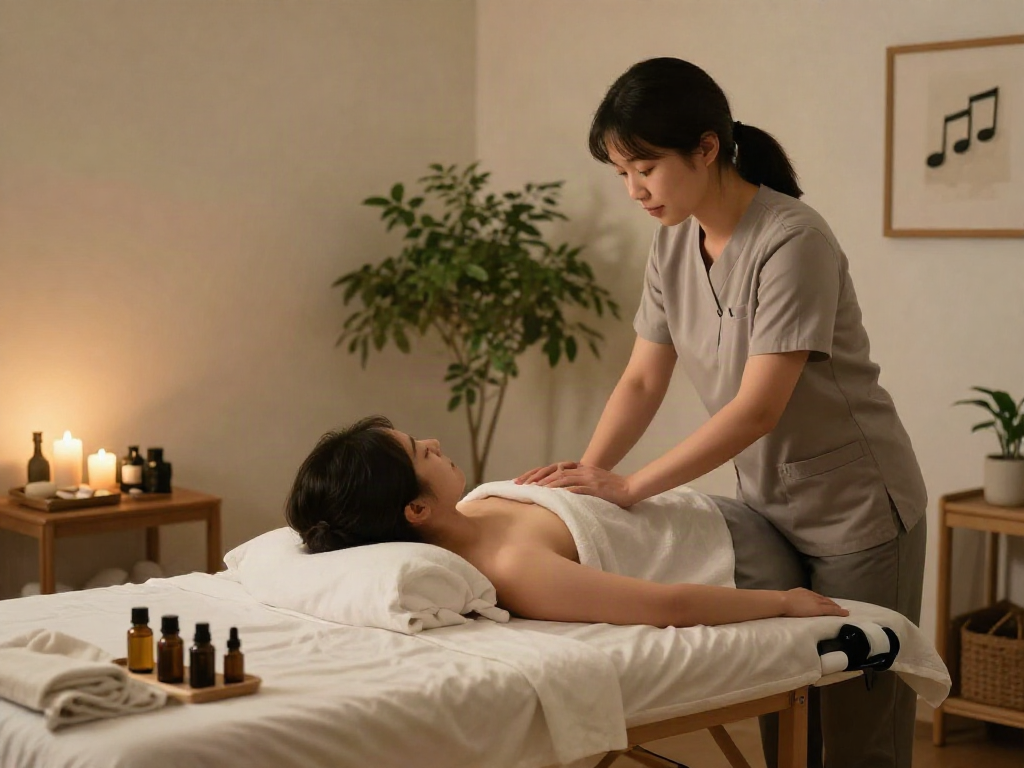 강서구출장마사지 therapist preparing a calming home massage environment with essential oils and soft lighting.