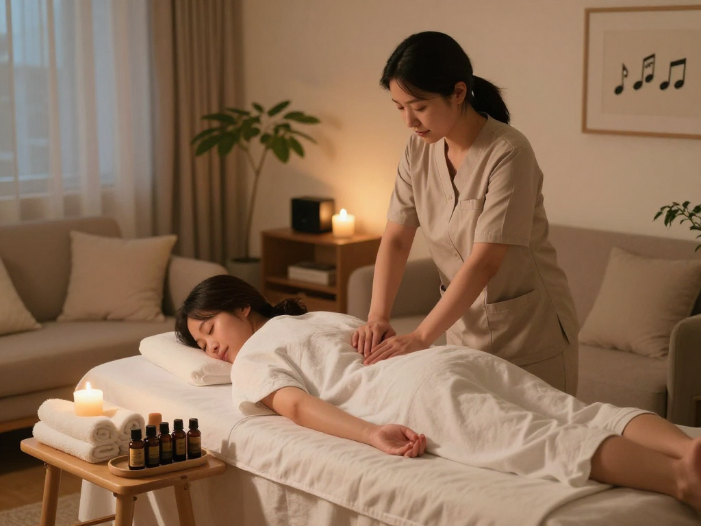 Relaxing 구로출장마사지 in a tranquil home environment with calming candles and essential oils.
