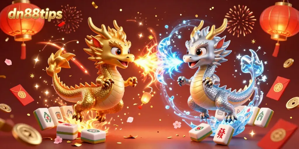 Engage with dynamic dn88tips illustration featuring twin cartoon dragons amidst casino elements, symbolizing luck.