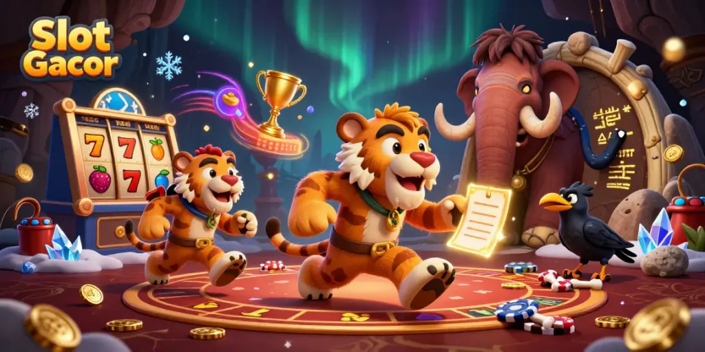 Experience Slot Gacor excitement with a cartoon caveman and sabertooth in a lively casino!