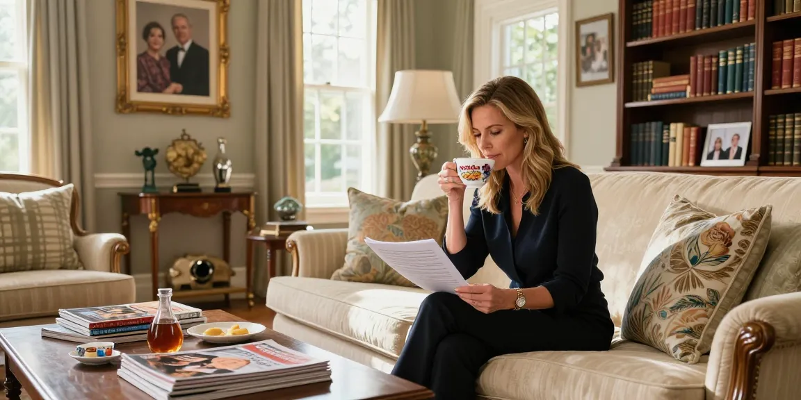 Tucker Carlson Wife Heiress Net Worth highlighted in Susan Andrews' luxurious living room with family decor.