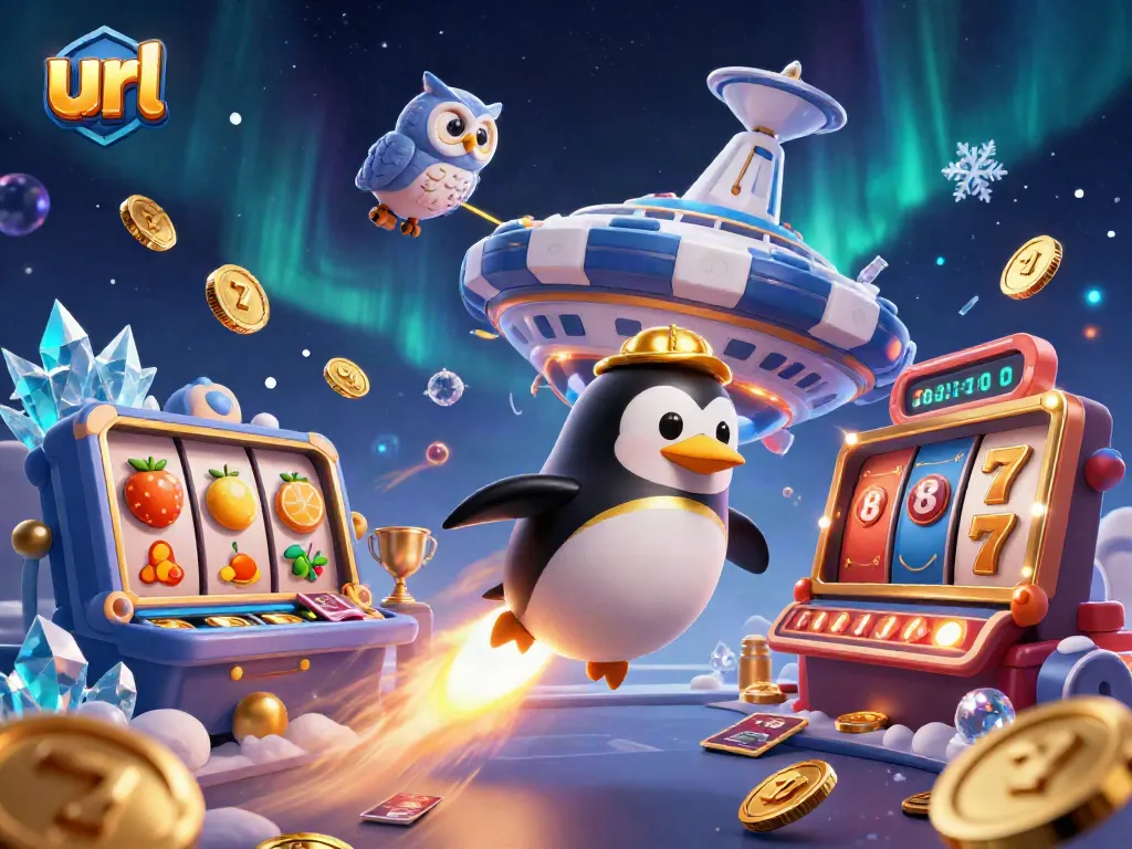 Experience the excitement of a casino with a golden penguin racing through space, highlighting url dynamics.