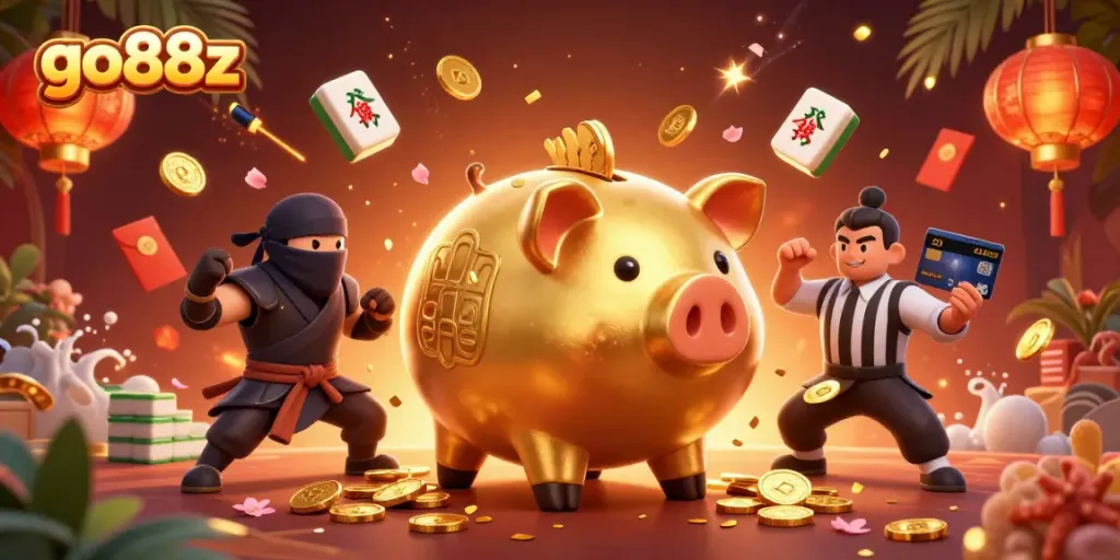 Engage in the thrilling world of go88z with a dynamic illustration featuring a sumo wrestler piggy bank and vibrant symbols of luck.