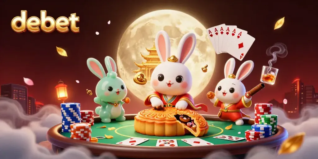Experience the excitement of debet with vibrant poker elements and a traditional moon rabbit scene.