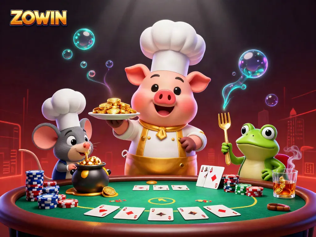 ZOWIN delights players with vibrant casino illustrated scene featuring a chef pig serving gold coins.
