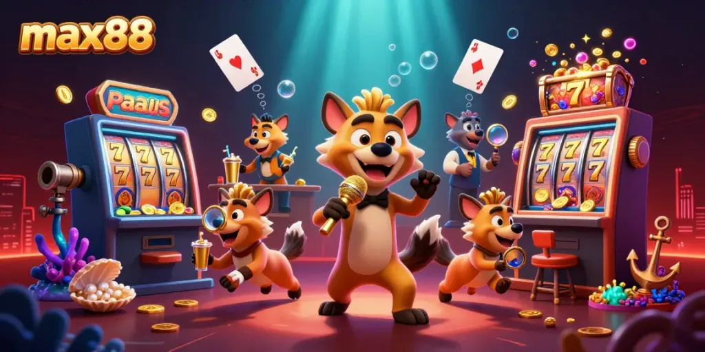 max88 presents a lively casino scene with hyenas entertaining at a comedy club surrounded by vibrant game elements.