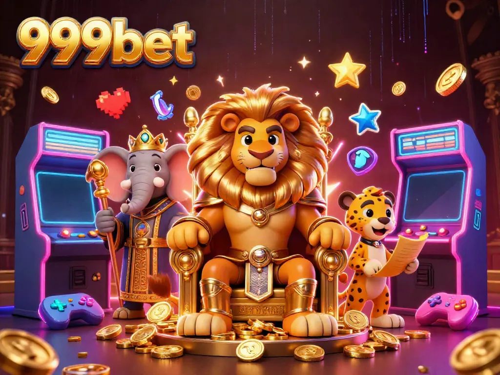 Experience dynamic gaming at 999bet with a vivid scene featuring a lion king on a gold throne among vibrant arcade games.