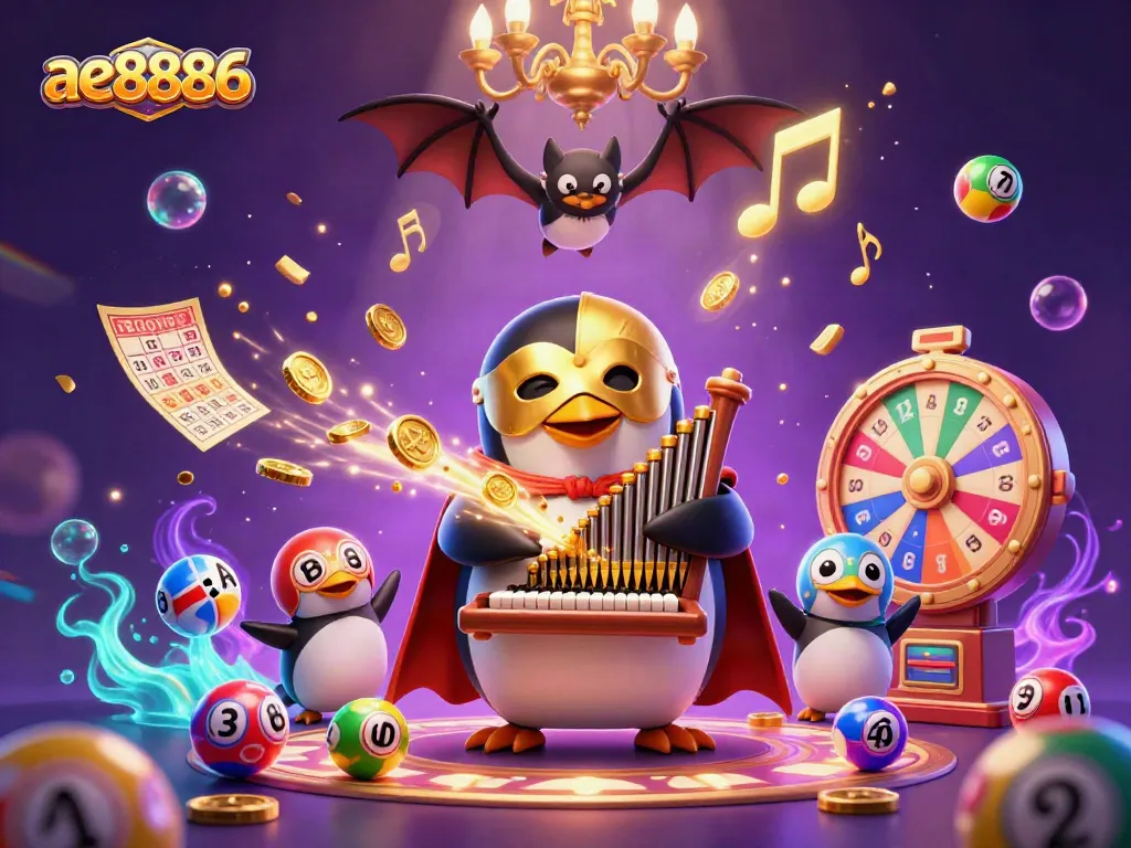 Celebrate wins at ae8886 with a vibrant casino scene featuring a penguin playing an organ shooting coins.