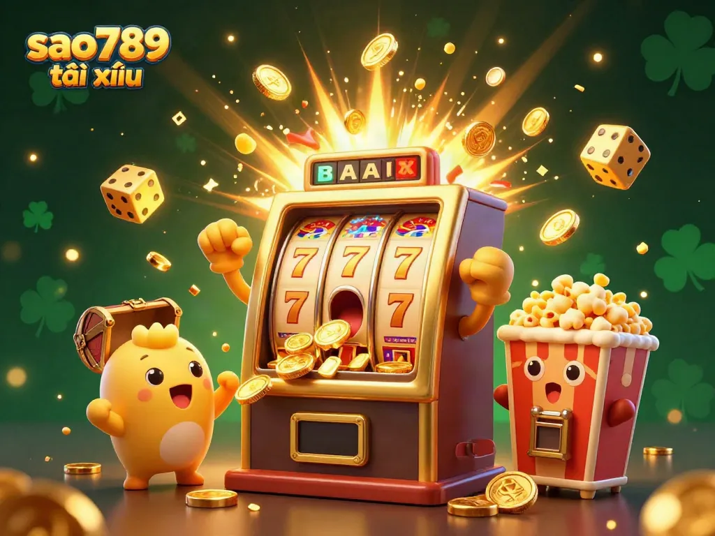 Sao789 tài xỉu jackpot scene with cheerful slot machines, coins, and a popcorn machine in a vibrant casino setting.