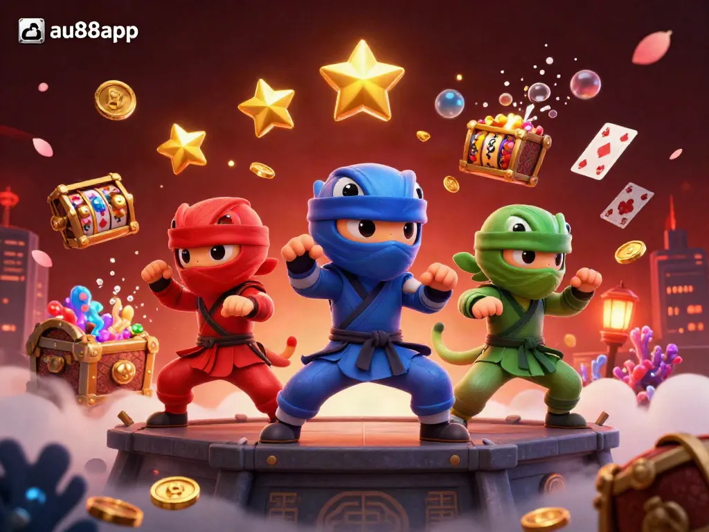 Experience thrilling gaming with au88app's vibrant chameleon ninjas and casino elements in dynamic poses.